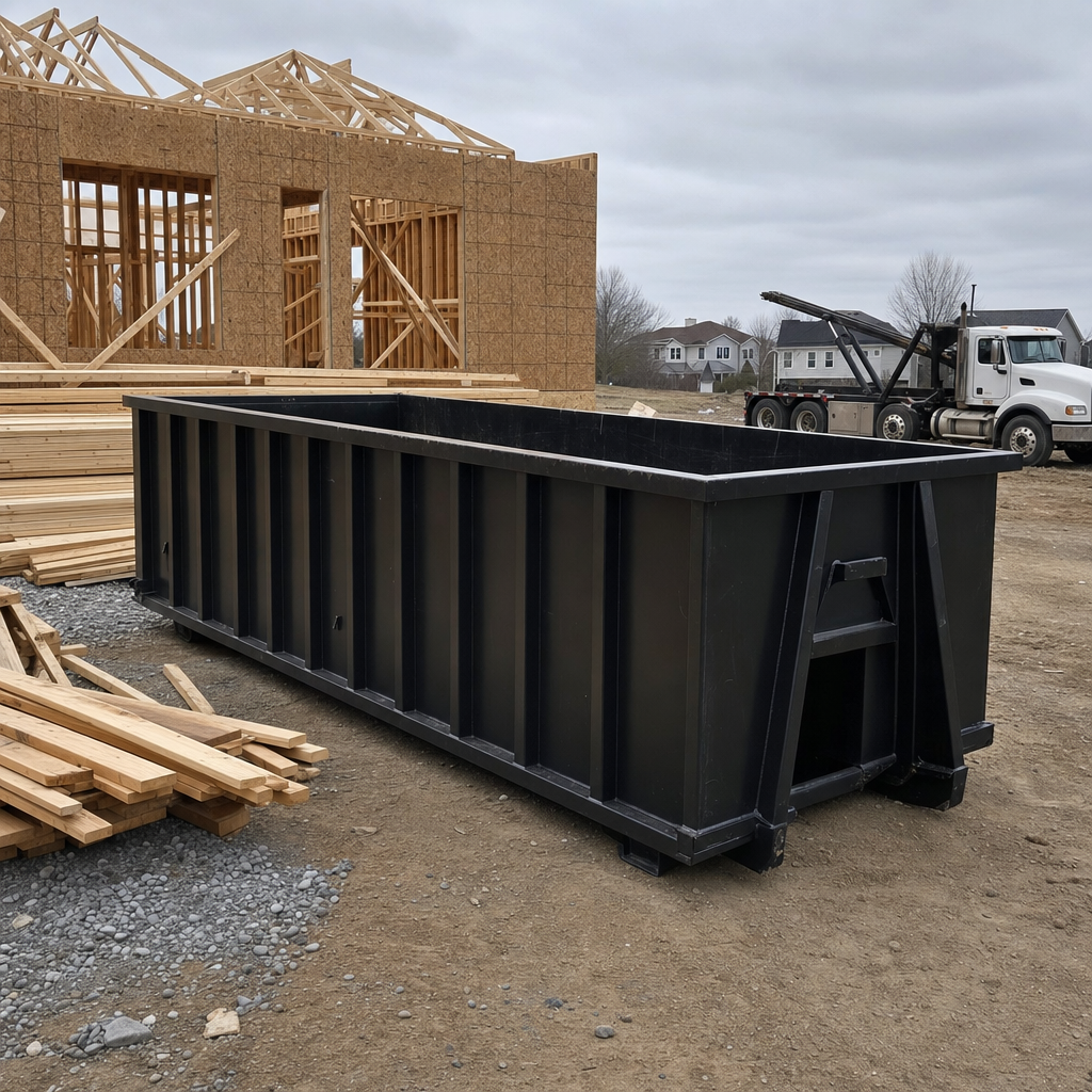 Matte-black 40-yard roll-off dumpster staged on a framed-out residential construction site in Lake Forest, framing lumber stacked nearby, hooklift delivery truck visible in the background under bright Colorado daylight