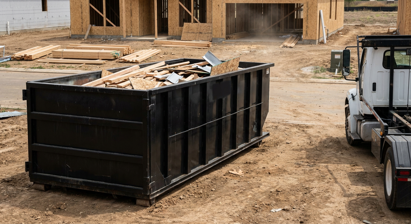 Matte-black 20-yard roll-off construction dumpster with heavy ribbed steel sidewalls and swing rear doors at a working jobsite in Lake Forest, sitting directly on compacted dirt with an unmarked white hauler partially visible at the far edge of the frame.