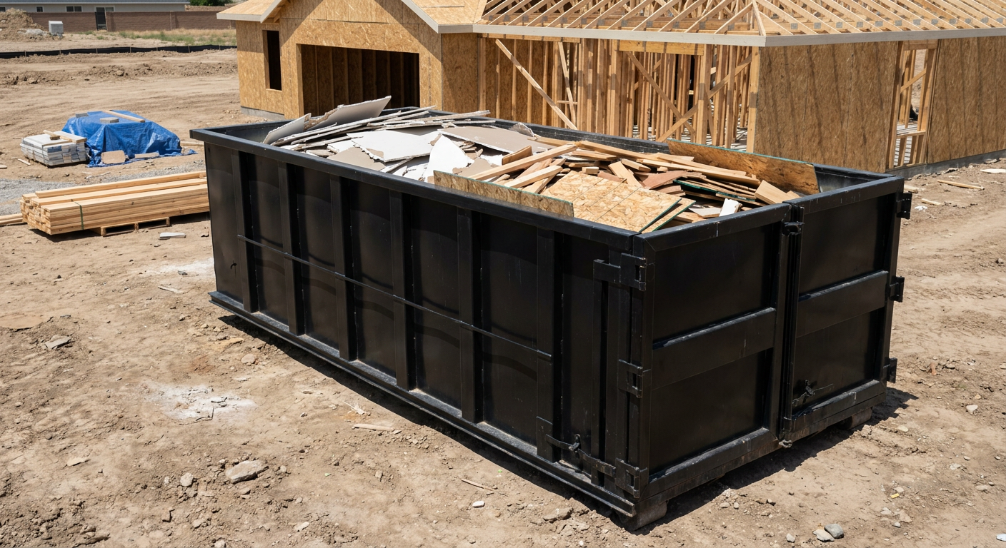 Matte-black 30-yard roll-off construction dumpster sitting directly on the compacted-dirt site of a framed single-family home build in Lake Forest, drywall and lumber scrap loaded inside.