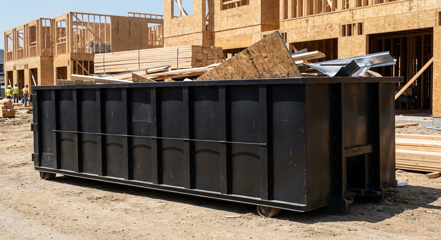 Matte-black 40-yard roll-off construction dumpster being lowered from a white-cab hooklift delivery truck onto the compacted-dirt jobsite at a commercial build site in Lake Forest