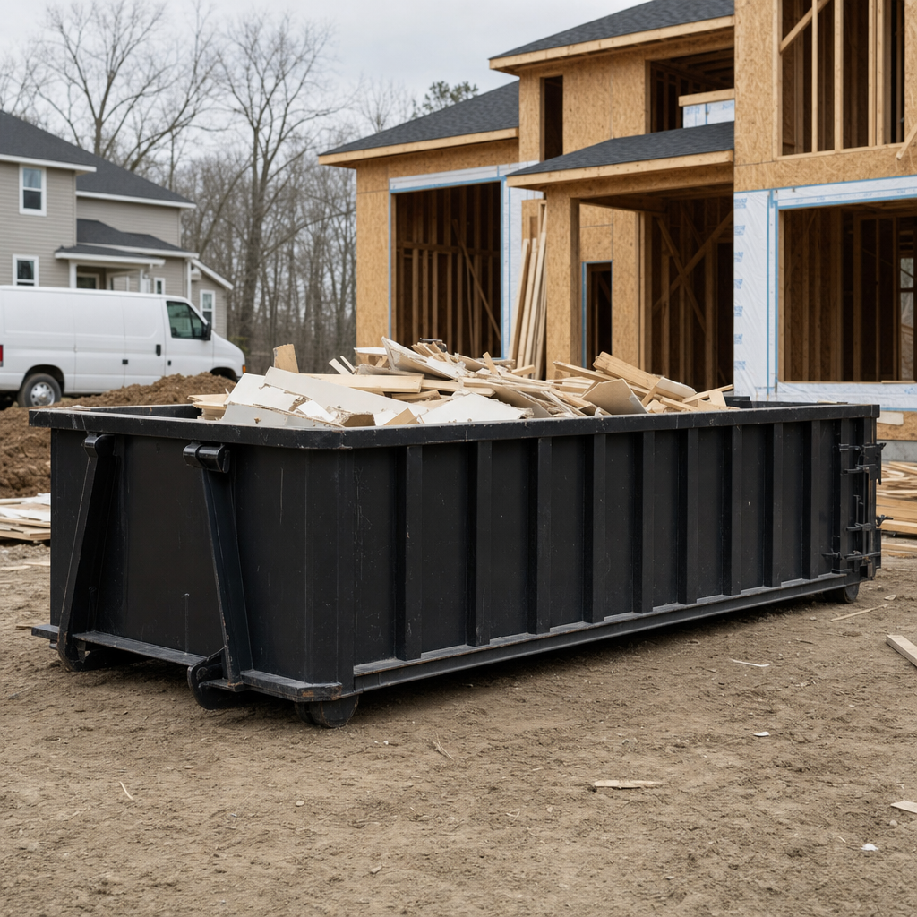 Worker in a yellow high-visibility vest tossing framing lumber and broken drywall into a matte-black 30-yard construction roll-off dumpster on an active build site in Lake Forest, bright daylight