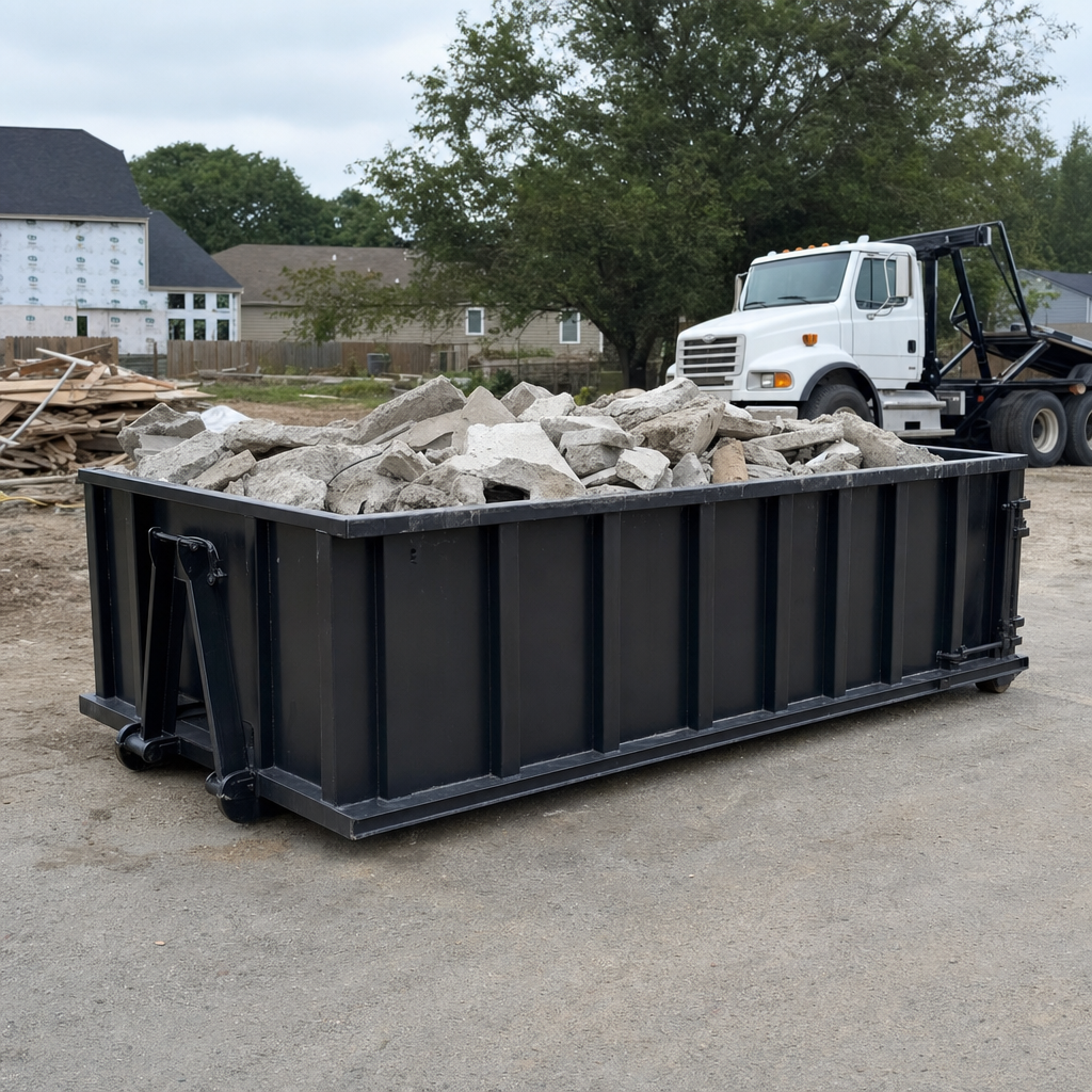 Low-profile matte-black lowboy roll-off dumpster loaded with broken concrete slab and rebar at a foundation tear-out in Lake Forest, skid steer parked beside it, sunny Colorado morning