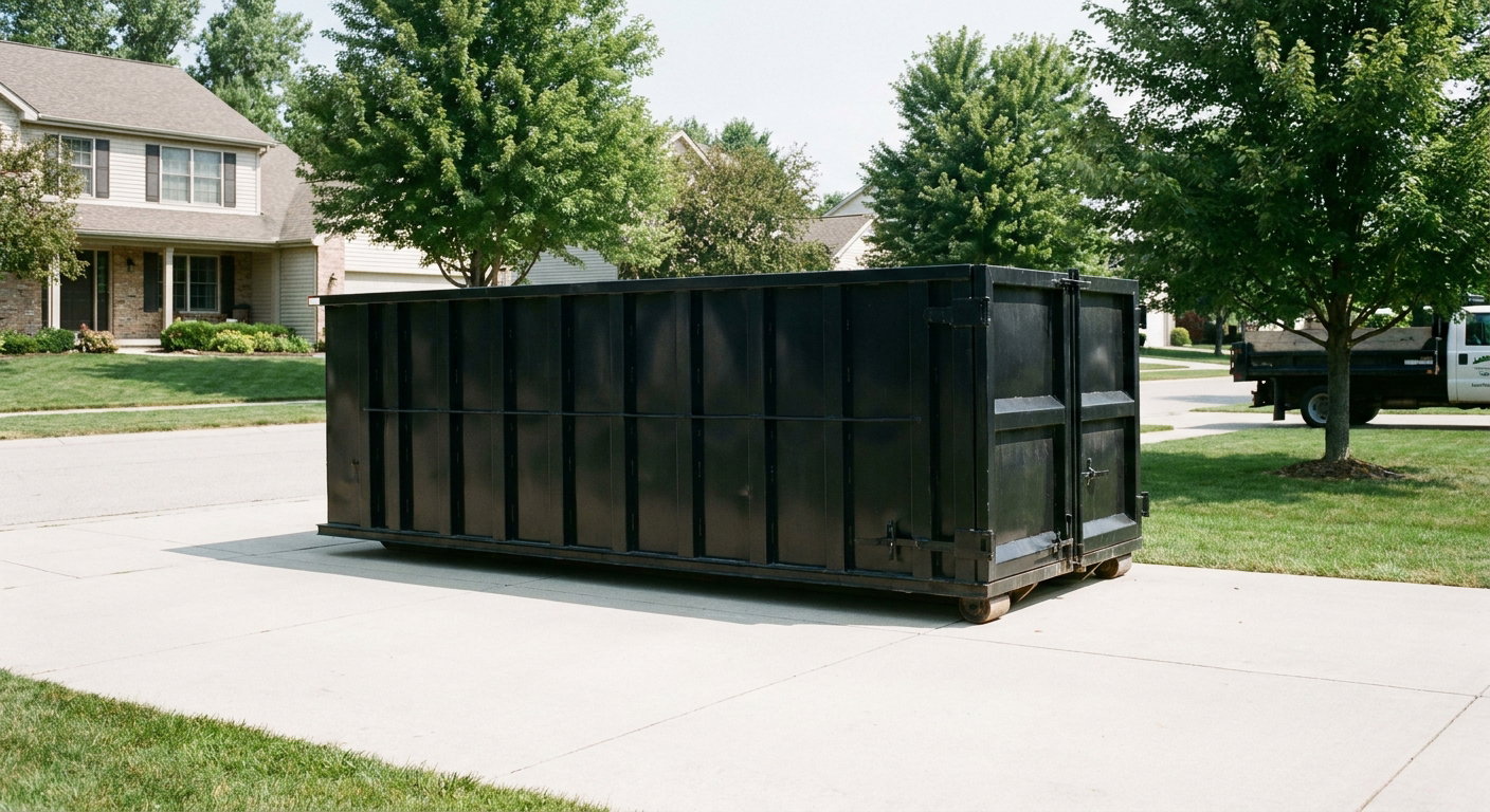 Matte-black 20-yard roll-off dumpster sitting level on a clean Lake Forest residential concrete driveway under bright daylight, demonstrating clean placement directly on the concrete.