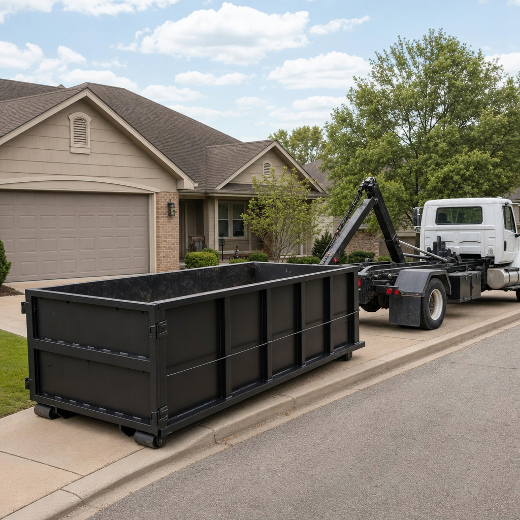 Wide documentary shot of a matte-black roll-off dumpster on a Lake Forest residential driveway in the foreground and a contractor jobsite container in the soft-focus background, bright daylight, calm and orderly composition.