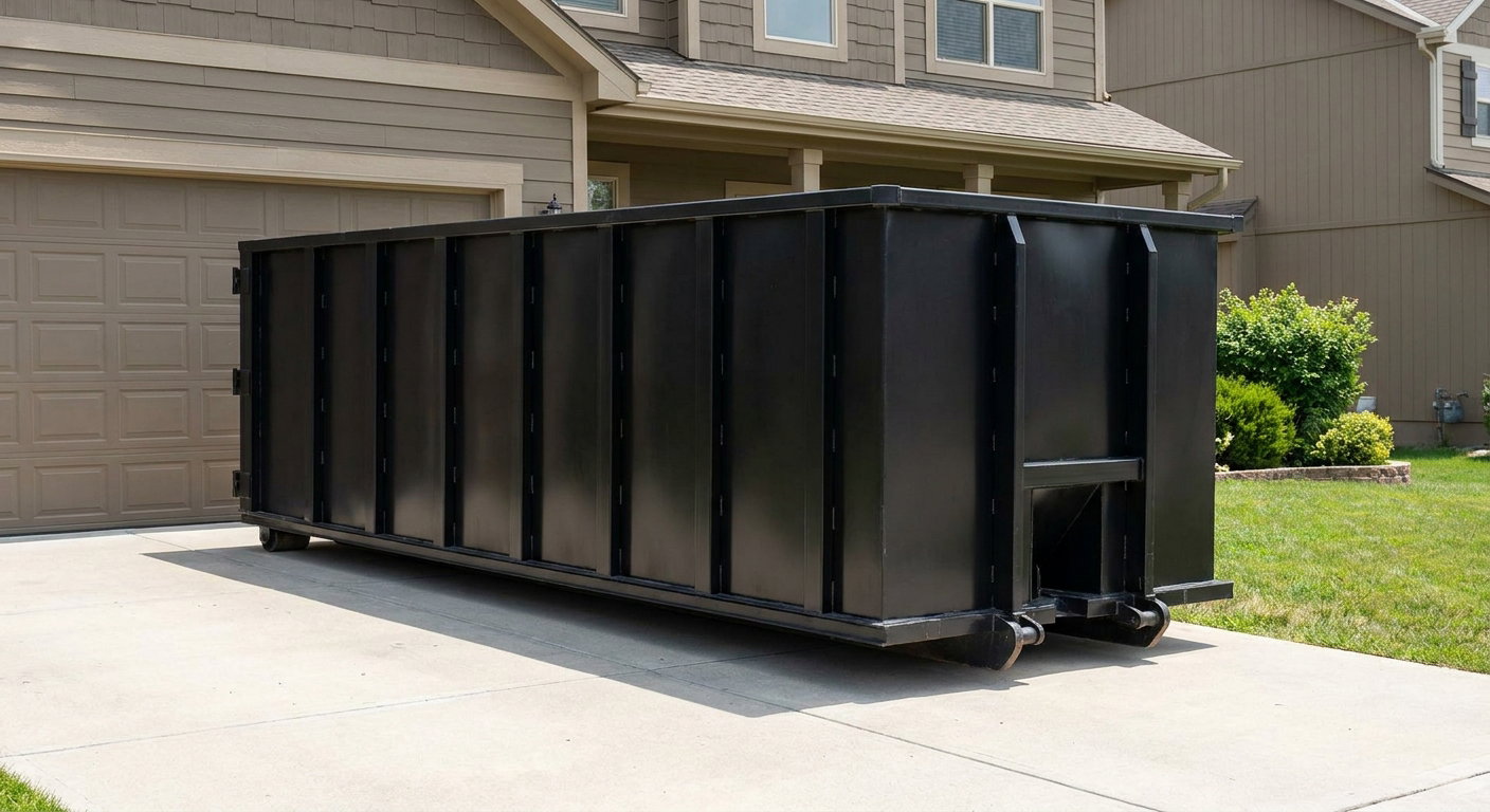Matte-black residential roll-off dumpster sitting directly on a suburban Lake Forest concrete driveway, garage door closed, single-family home in background, bright morning daylight.