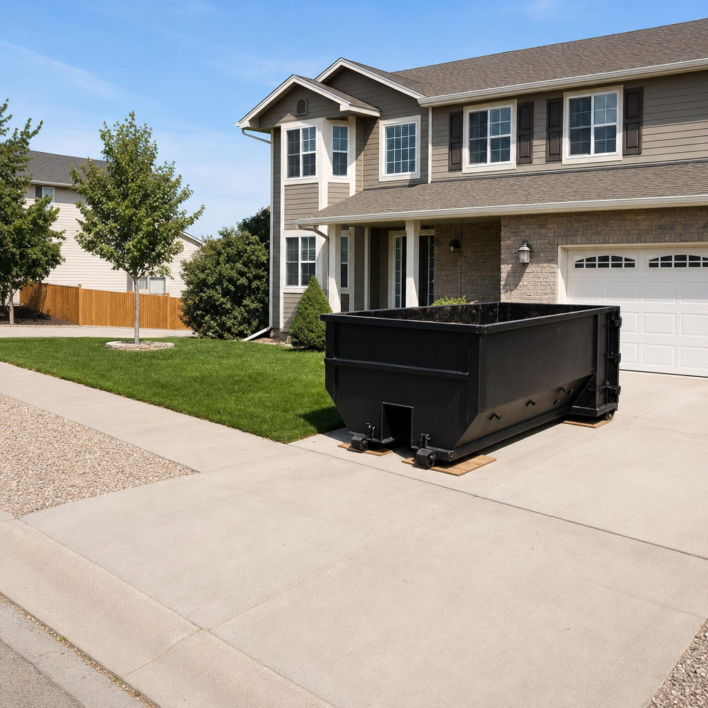10-yard matte-black residential dumpster placed directly on a narrow Lake Forest concrete driveway, room remains for a parked sedan beside it, mid-morning natural light