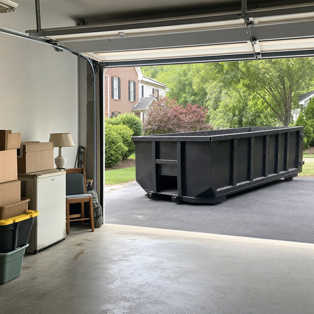 Open garage interior in a Lake Forest home mid-cleanout — boxed items, an old appliance, and stacked yard tools queued near the driveway for a matte-black roll-off dumpster, organized and calm