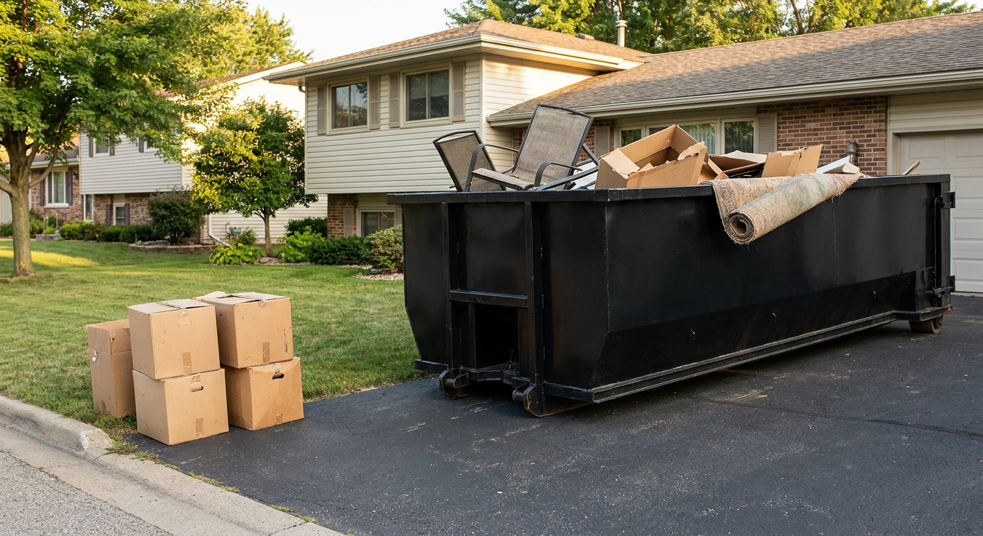 Front-yard view of a Lake Forest split-level home with a 20-yard matte-black roll-off dumpster sitting directly on the asphalt driveway, a few clearly labeled donation boxes staged at the curb, calm sunny afternoon.