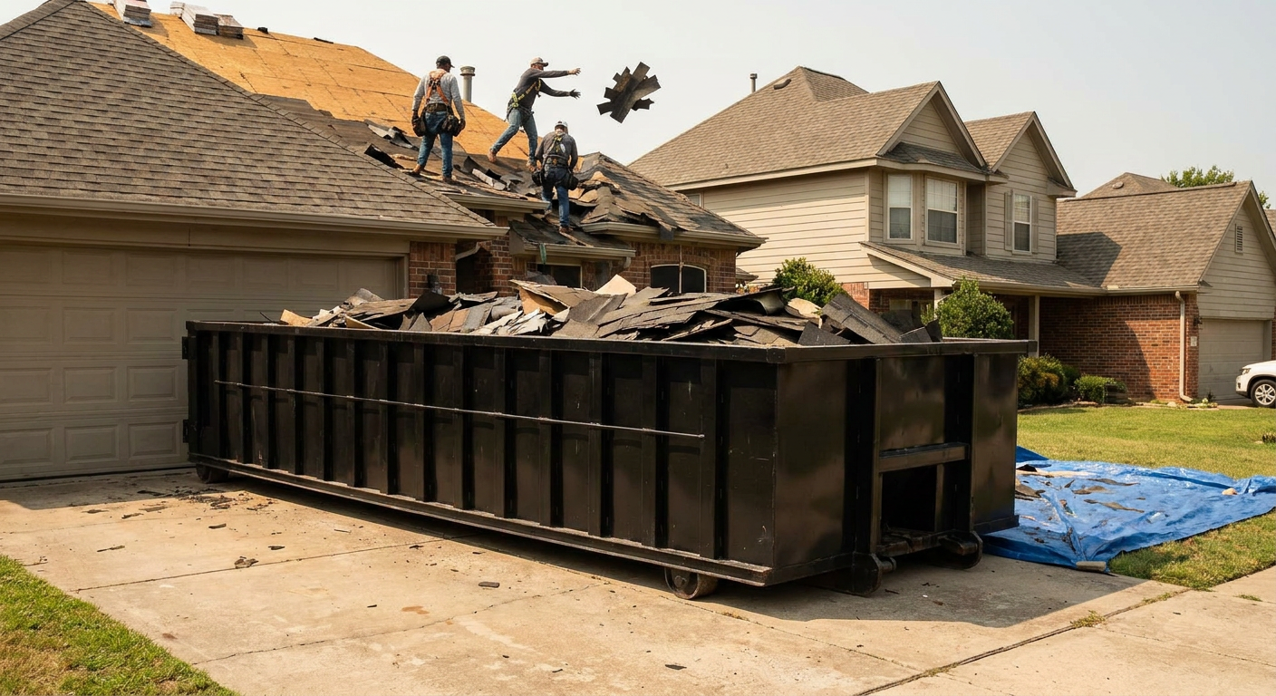 Matte-black roofing roll-off dumpster placed directly on a Lake Forest residential concrete driveway, a tear-off crew on a two-story asphalt-shingle roof tossing shingle bundles into the low-walled container, bright daylight, documentary 35mm perspective.