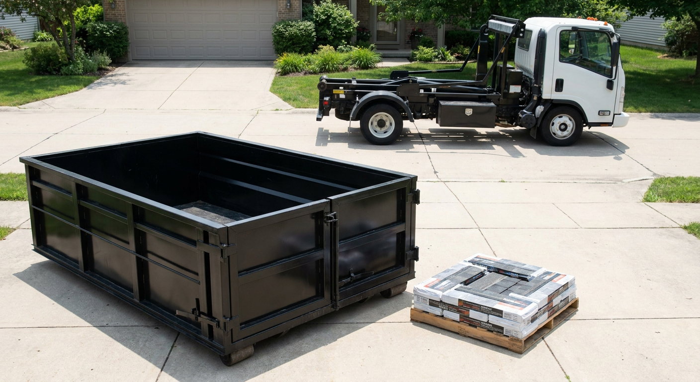 Matte-black 15-yard roofing roll-off dumpster with reinforced low side walls sitting directly on a Lake Forest residential concrete driveway, three-tab asphalt shingle bundles stacked nearby, an unmarked white hauler truck partially visible at the edge of the frame.