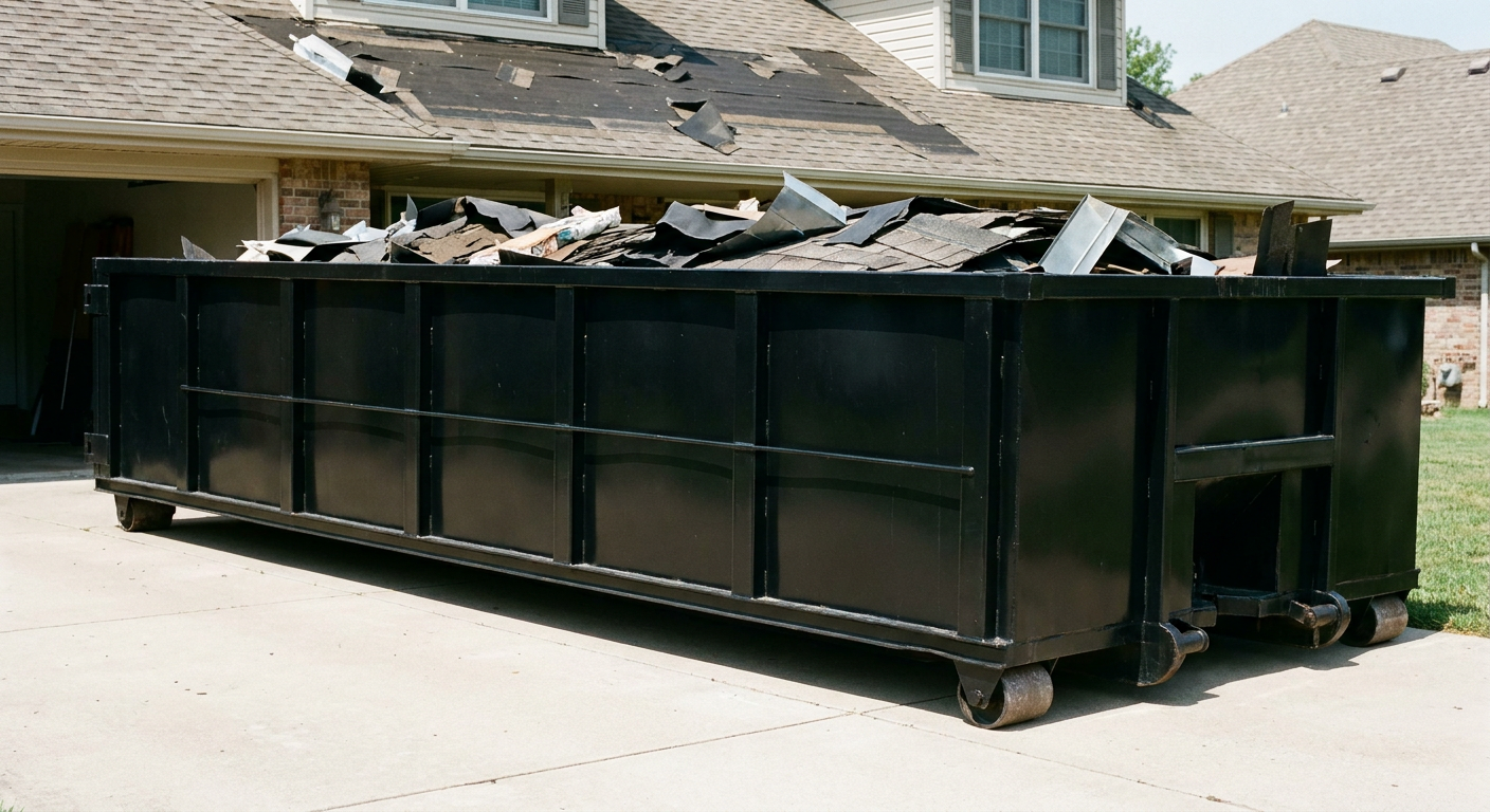 Matte-black 20-yard roofing roll-off dumpster with steel ribbed sides and swinging rear door, sitting directly on the concrete driveway of a two-story Lake Forest home, asphalt shingle debris being loaded over the low wall, clean documentary lighting.