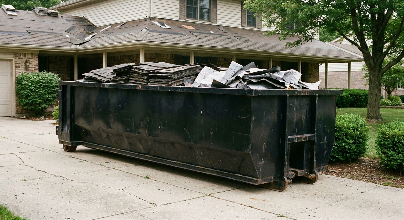 Matte-black 30-yard roofing roll-off dumpster sitting directly on a Lake Forest concrete driveway, taller ribbed steel side panels, mixed tear-off debris of asphalt shingles and underlayment inside, professional documentary daylight.