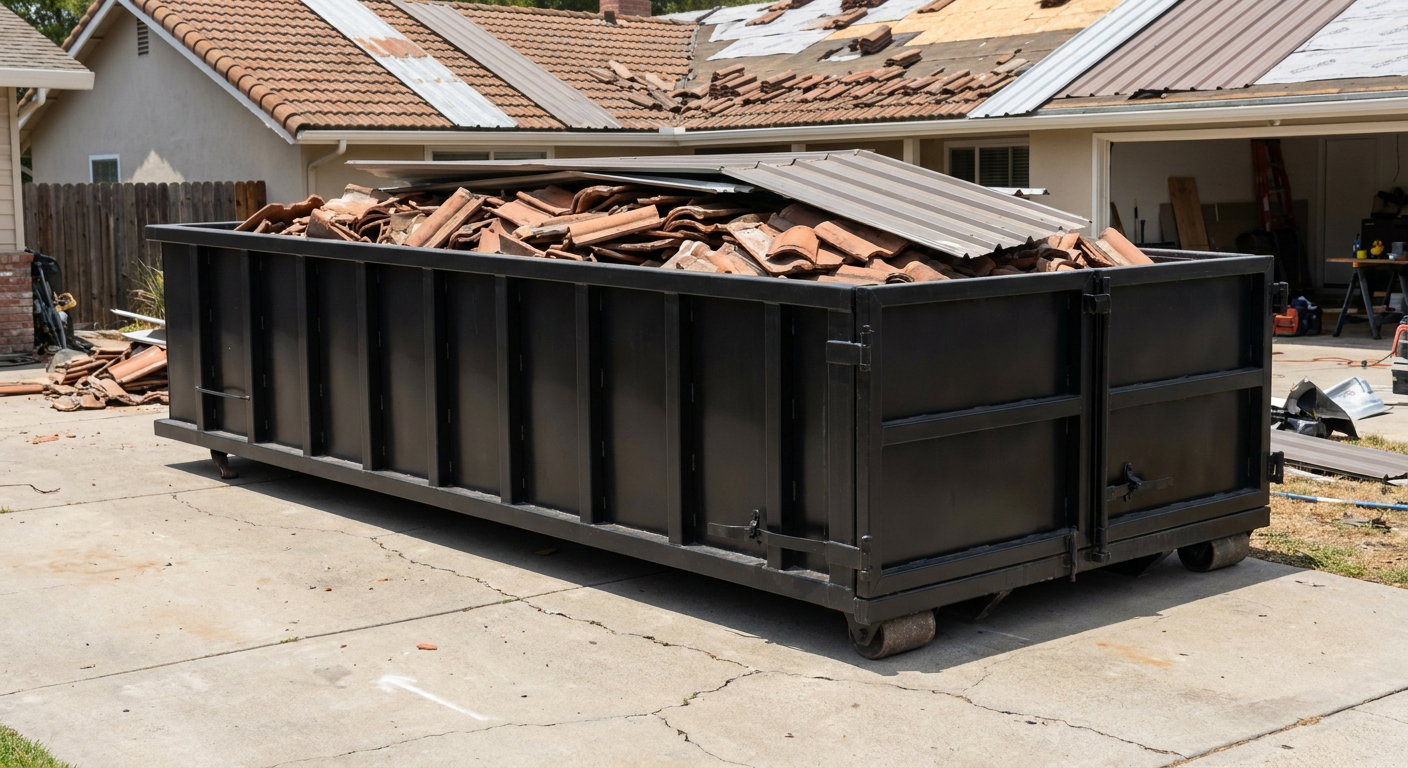 Matte-black low-wall heavy-debris roofing roll-off dumpster sitting directly on a Lake Forest concrete driveway, broken concrete clay roof tiles and metal panel sections loaded inside, reinforced ribbed steel side walls visible, bright outdoor daylight.