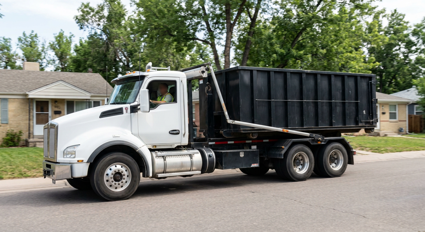 A wide documentary shot of a matte-black roll-off delivery truck pulling onto a quiet Lake Forest residential street at mid-morning, with neighborhood rooftops and tree-lined blocks visible behind, showing the metro coverage footprint.