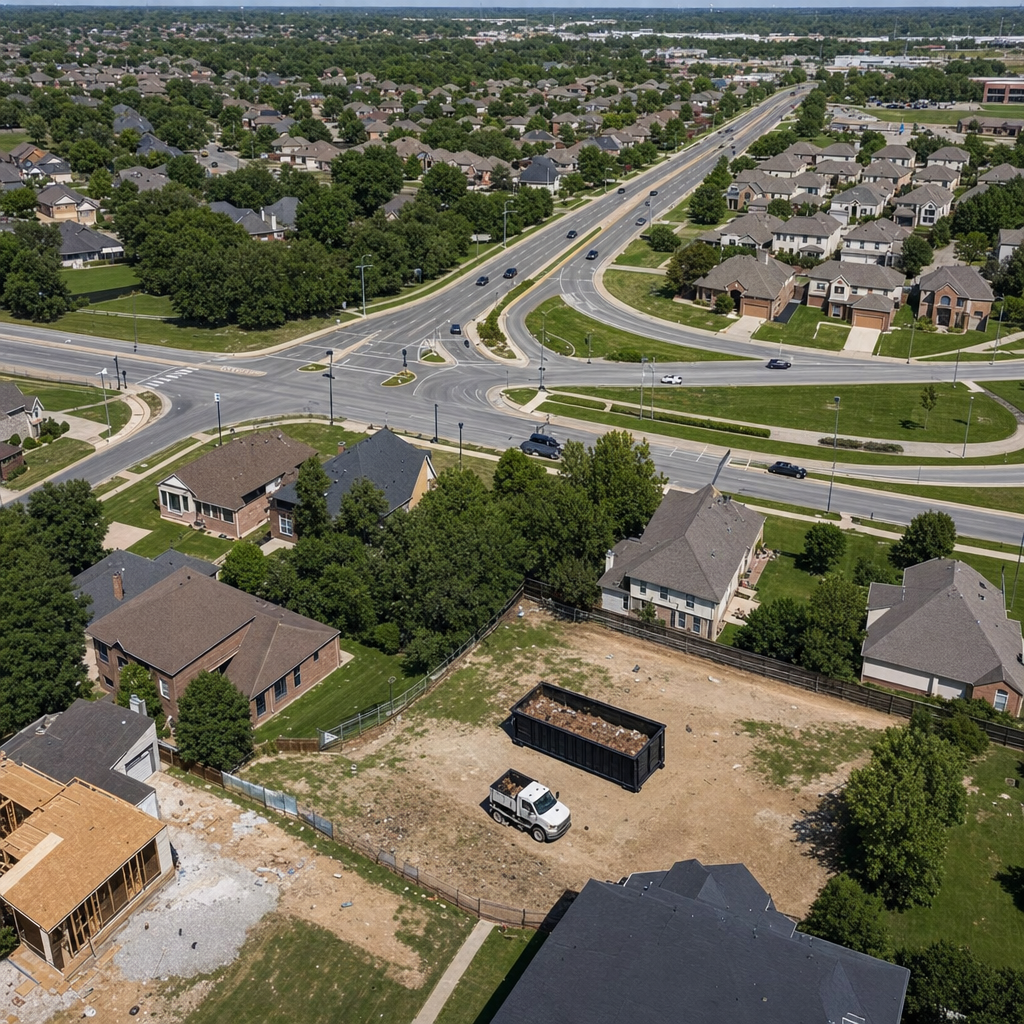 An overhead documentary view of the Lake Forest metro area at midday, showing the spread of neighborhoods, arterial roads, and the dispatch radius from a central yard — clean daylight, organized geographic layout.