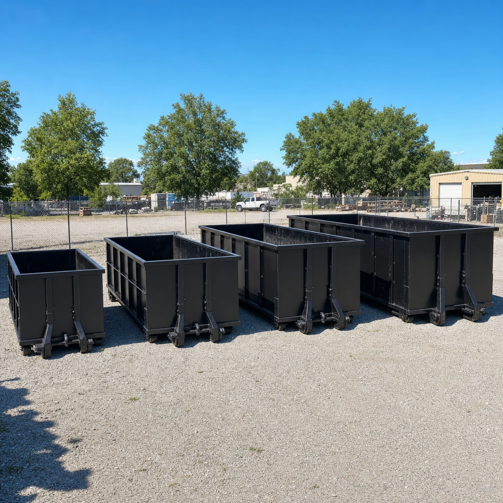 A clean lineup of matte-black roll-off dumpsters in 10, 20, 30, and 40-yard sizes staged on a sunlit gravel yard in Lake Forest, showing the size progression from compact to commercial-scale containers.