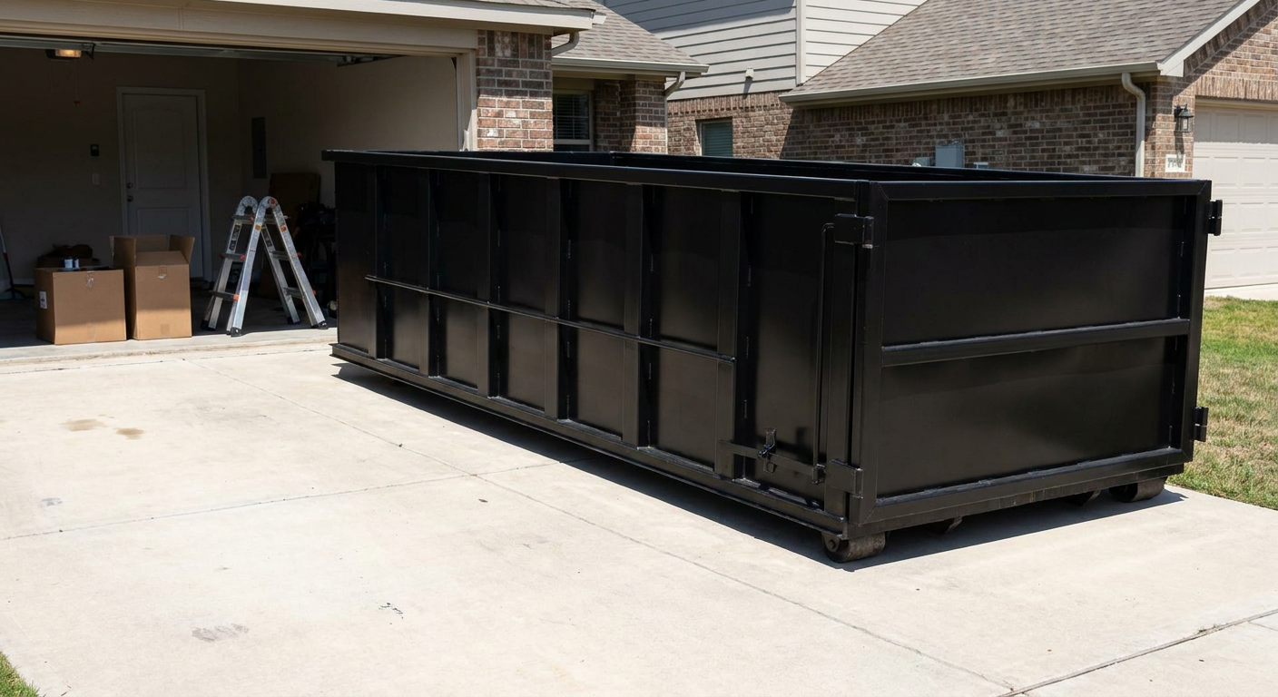 A matte-black 10-yard roll-off dumpster sitting directly on a residential Lake Forest concrete driveway, mid-day sunlight, clean and ready for a garage cleanout.