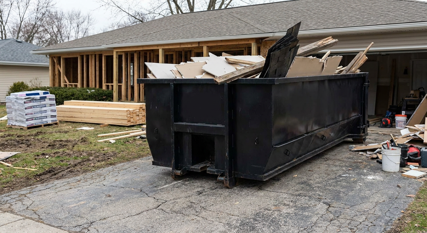 A matte-black 20-yard roll-off dumpster placed alongside a mid-renovation Lake Forest home directly on the asphalt driveway, with framing materials and torn-off shingles staged neatly nearby.