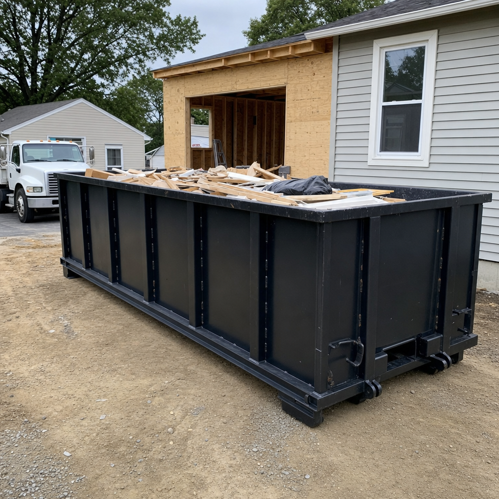 A matte-black 30-yard roll-off dumpster positioned at a Lake Forest residential addition jobsite, with framing lumber and drywall scraps loaded through the open swinging rear doors.