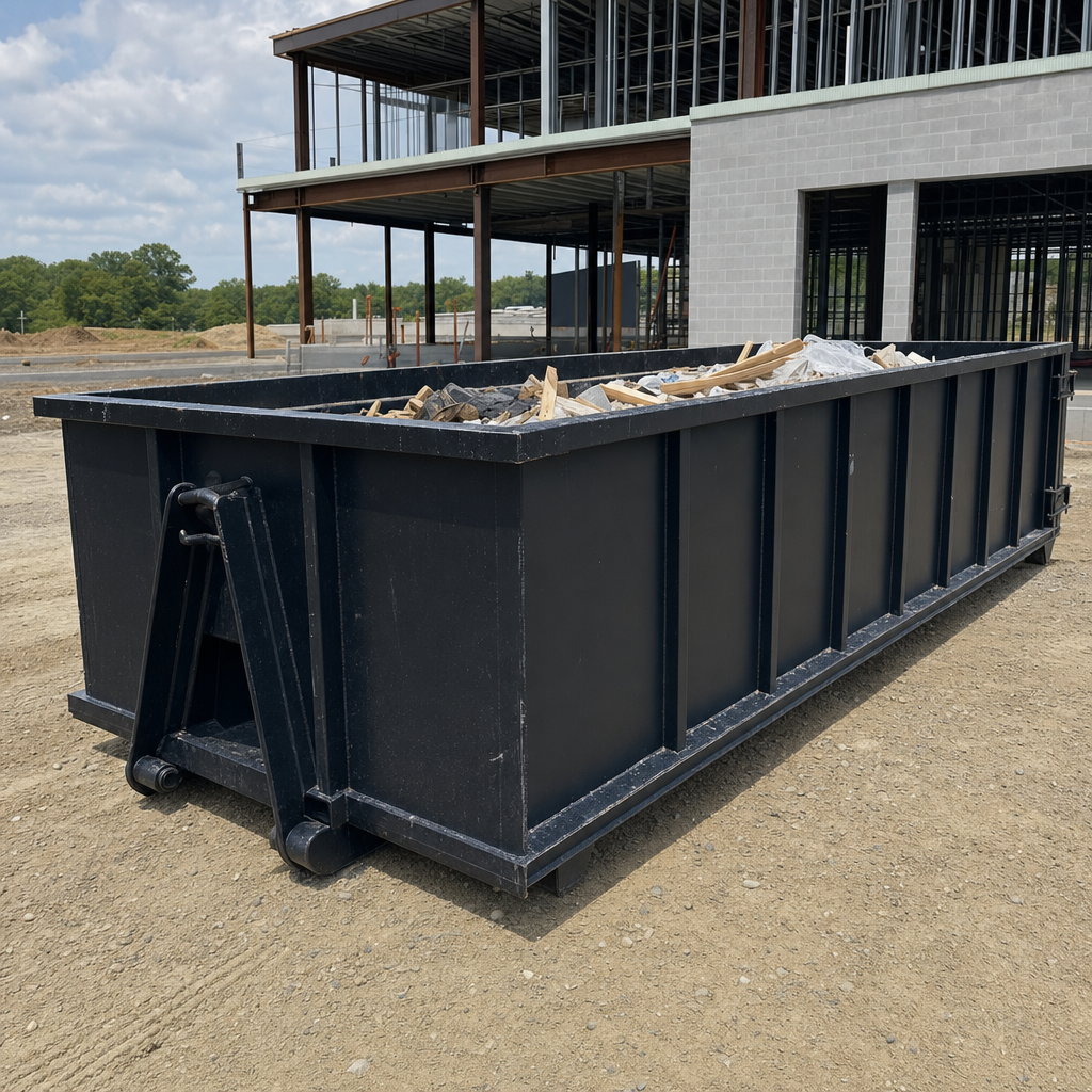 A matte-black 40-yard roll-off dumpster staged on a large Lake Forest commercial construction lot, with a hooklift delivery truck parked alongside under bright midday sky.