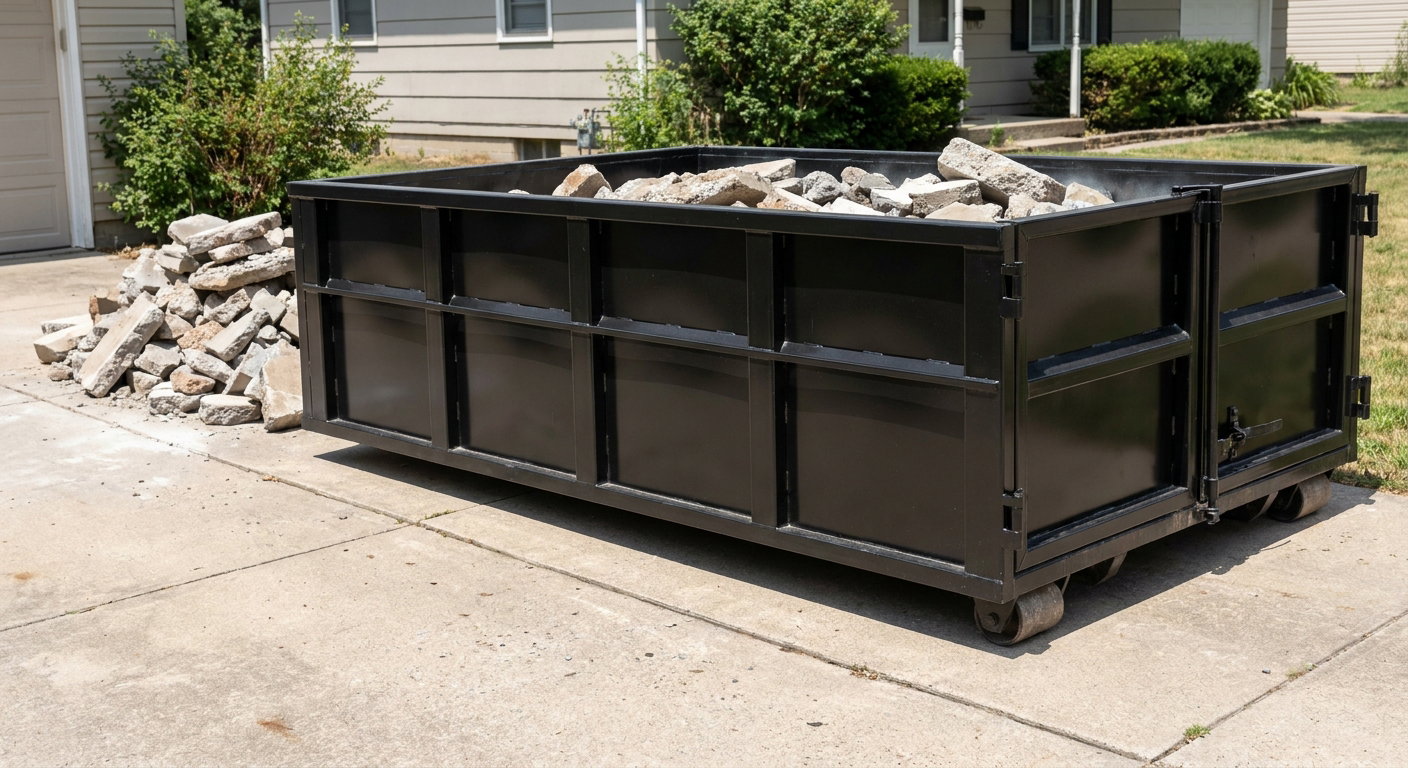 A matte-black low-side heavy-debris roll-off dumpster placed directly on a Lake Forest concrete driveway, with broken concrete chunks neatly stacked beside it under clean daylight.
